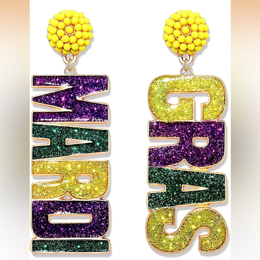 Mardi Gras Green Purple and Gold Letter Earrings - New!